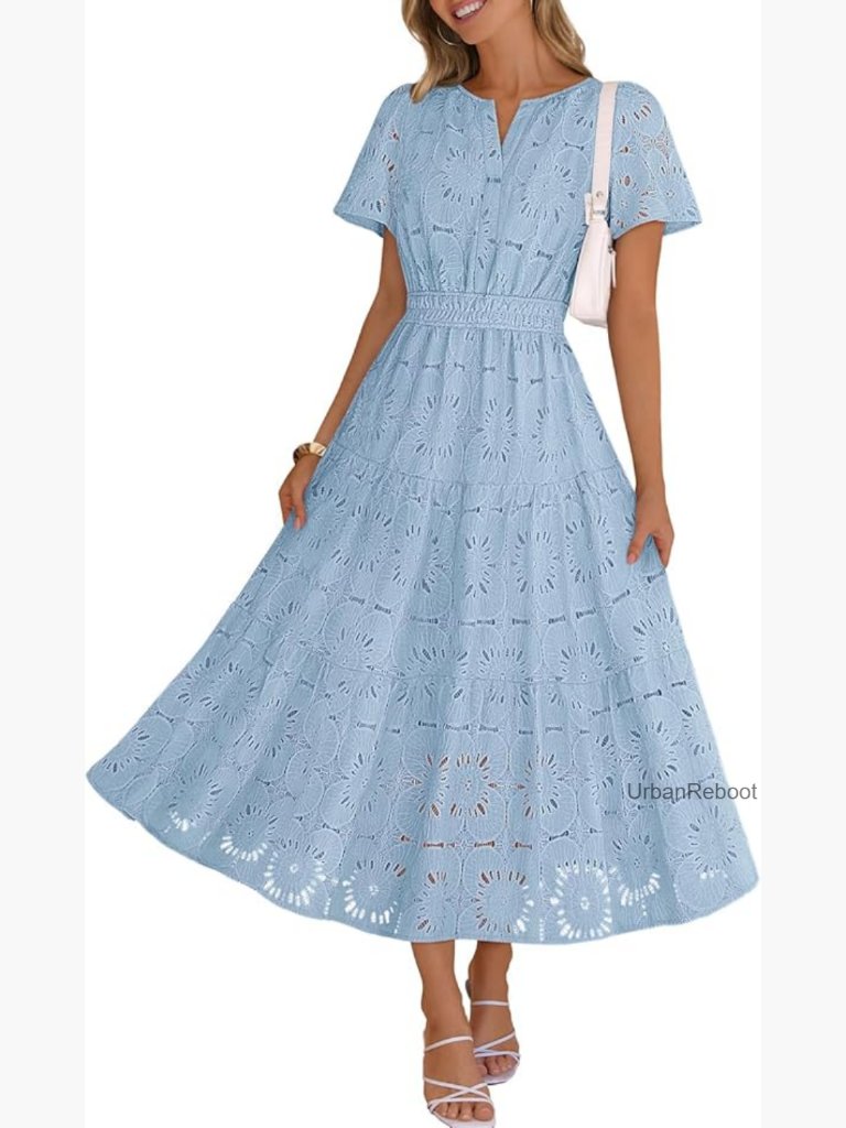 Women's Floral Eyelet Lace Maxi Dress Short Sleeve A-Line Tiered Flowy